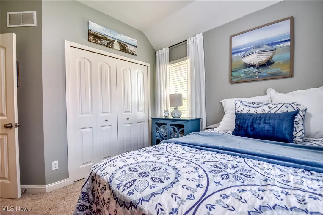 Bedroom featuring lofted ceiling, light carpet, and a closet