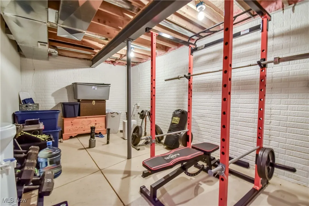 Basement featuring brick wall