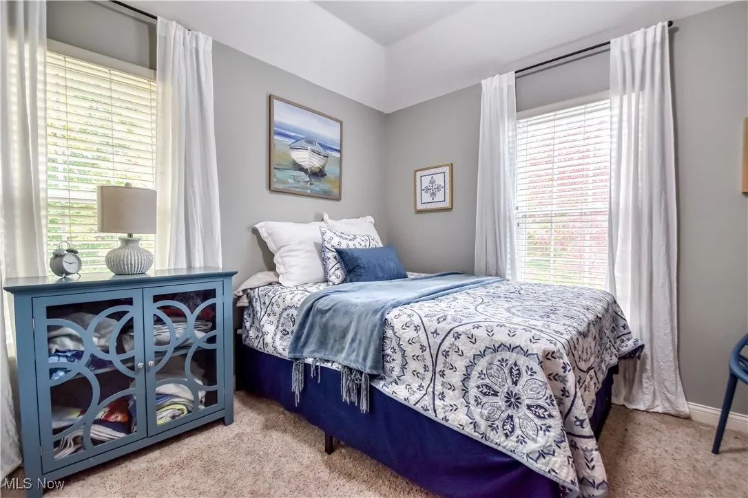 Bedroom with light colored carpet