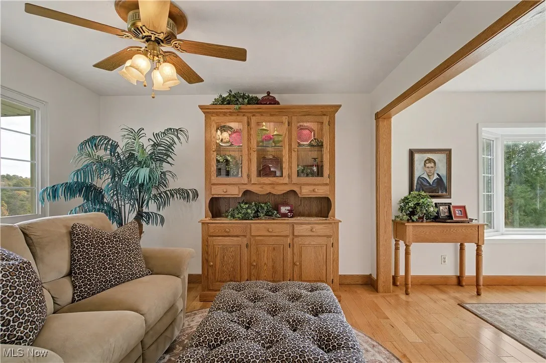 Sitting room featuring plenty of natural light, light wood-style flooring, and ceiling fan