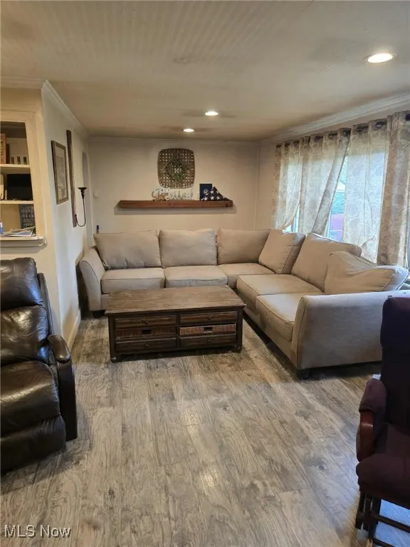 Living room featuring crown molding, wood finished floors, and recessed lighting