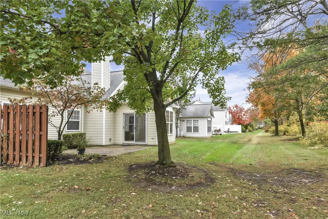 Rear view of property featuring a patio, a yard, and roof with shingles