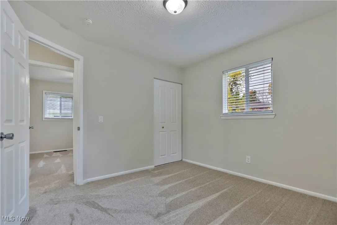 Bedroom with light colored carpet, multiple windows, a closet, and a textured ceiling