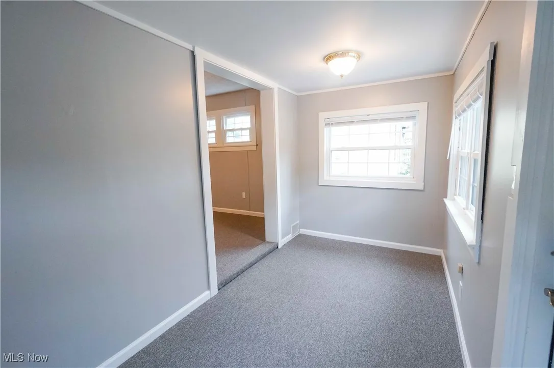Unfurnished bedroom with carpet floors and crown molding