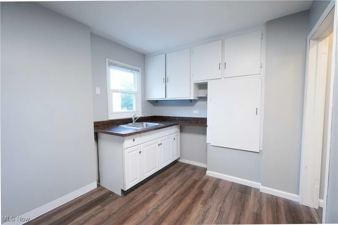 Kitchen with white cabinets and dark wood finished floors