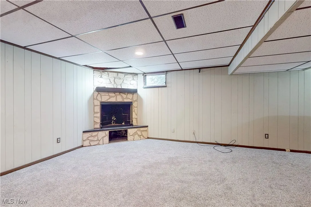 Basement with wood walls, a paneled ceiling, carpet, and a fireplace