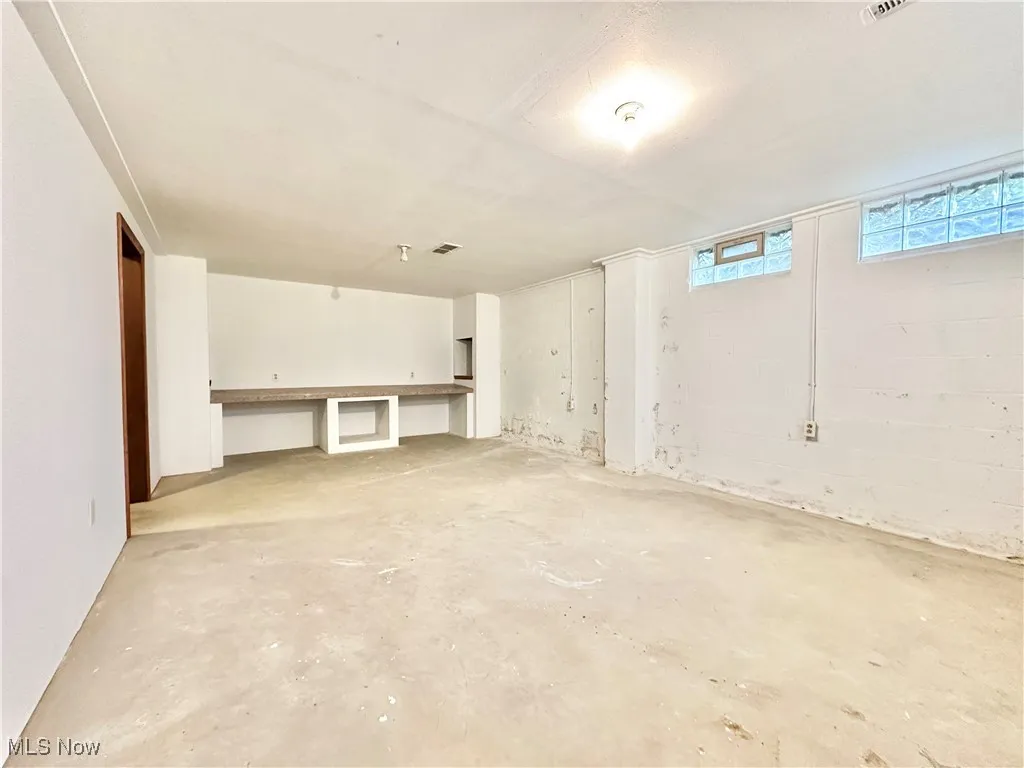 Basement featuring concrete block wall