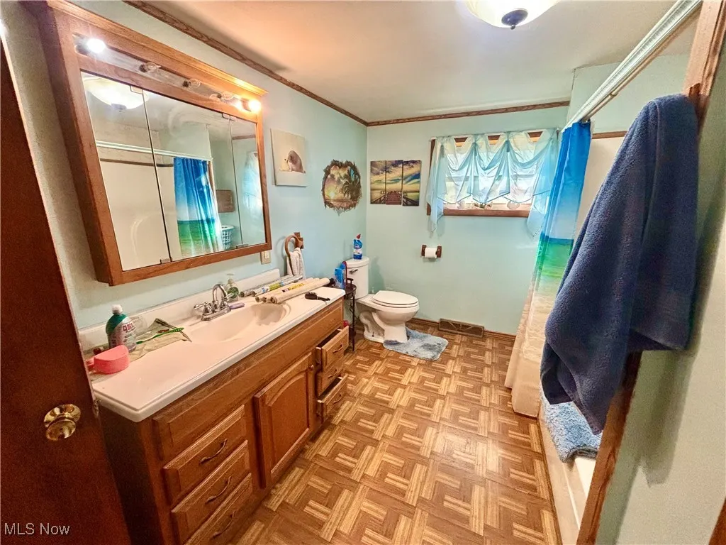 Bathroom with a shower with shower curtain, vanity, and ornamental molding