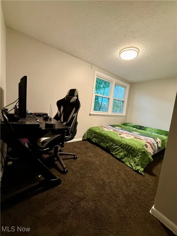 Carpeted bedroom featuring an office area and a textured ceiling