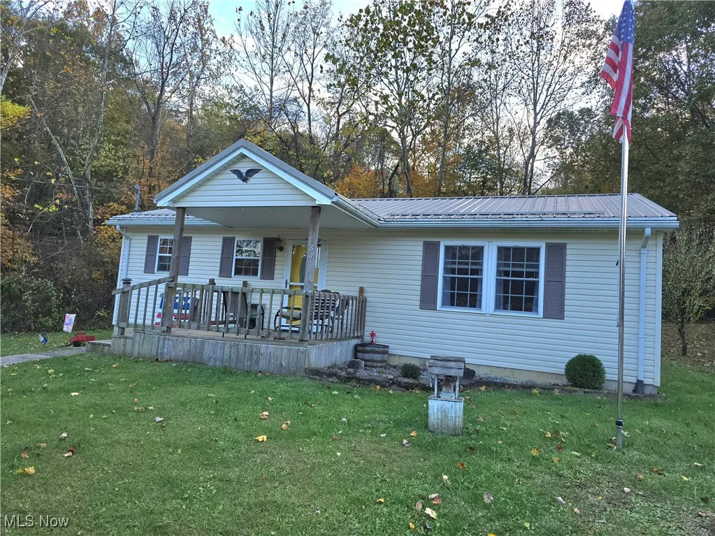 View of front of house with a front lawn and a metal roof