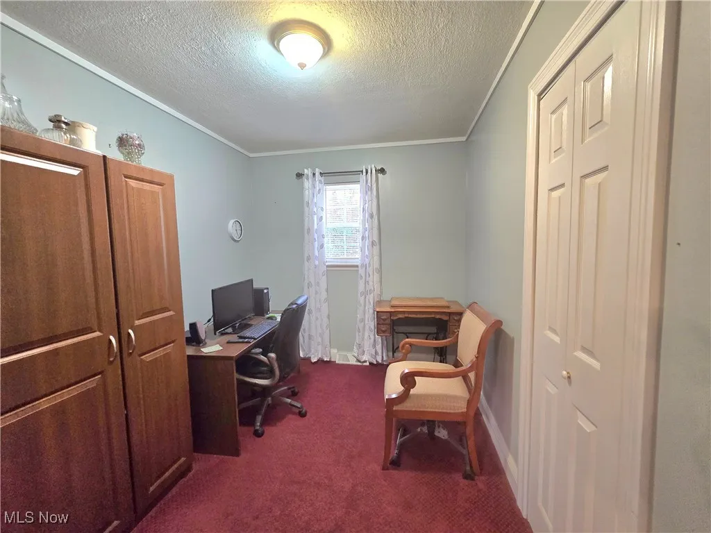 Office space featuring ornamental molding, a textured ceiling, and dark carpet