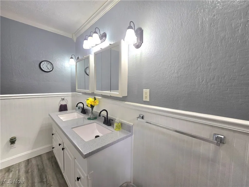 Full bathroom featuring a textured wall, a wainscoted wall, double vanity, dark wood-style floors, and crown molding
