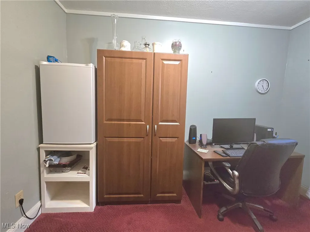 Office space with ornamental molding, carpet flooring, and a textured ceiling