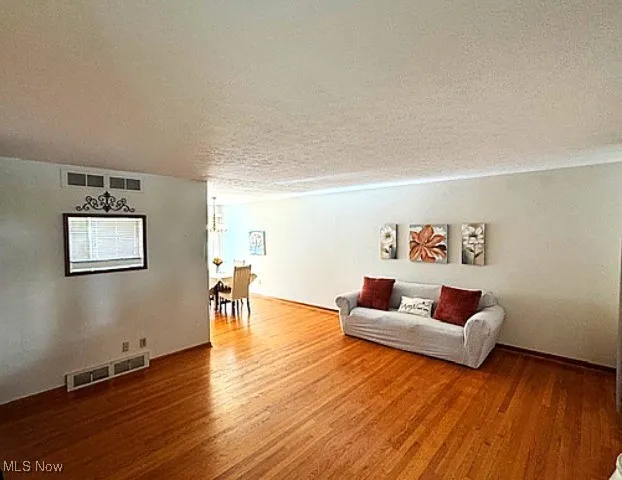Living room with a textured ceiling and wood finished floors