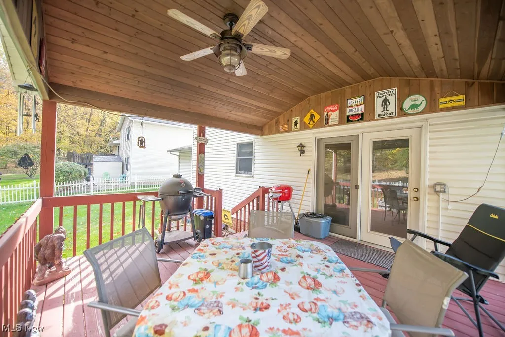 View of covered deck area and back entry into home