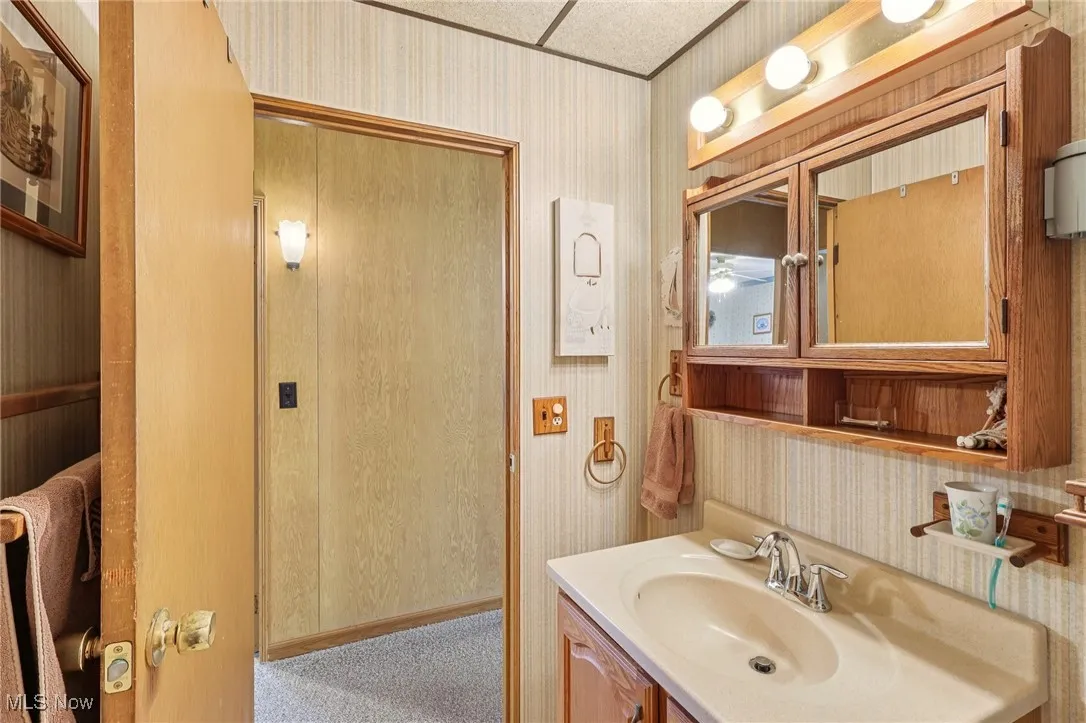Half bathroom featuring wallpapered walls, vanity, and light colored carpet