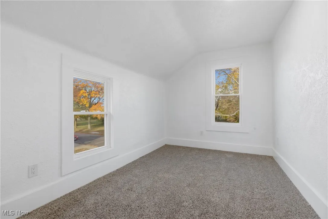 Additional living space with carpet flooring, a textured wall, and vaulted ceiling