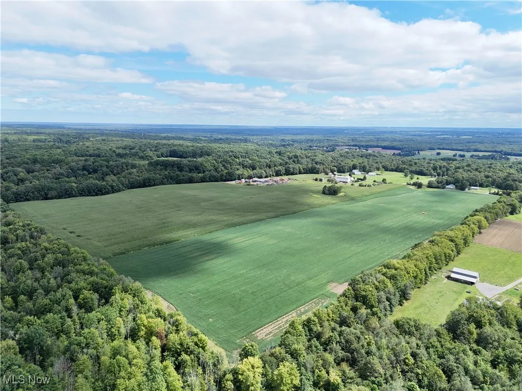 Aerial view of sparsely populated area with large plots for crops