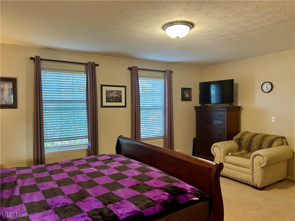 Bedroom with a textured ceiling and carpet floors
