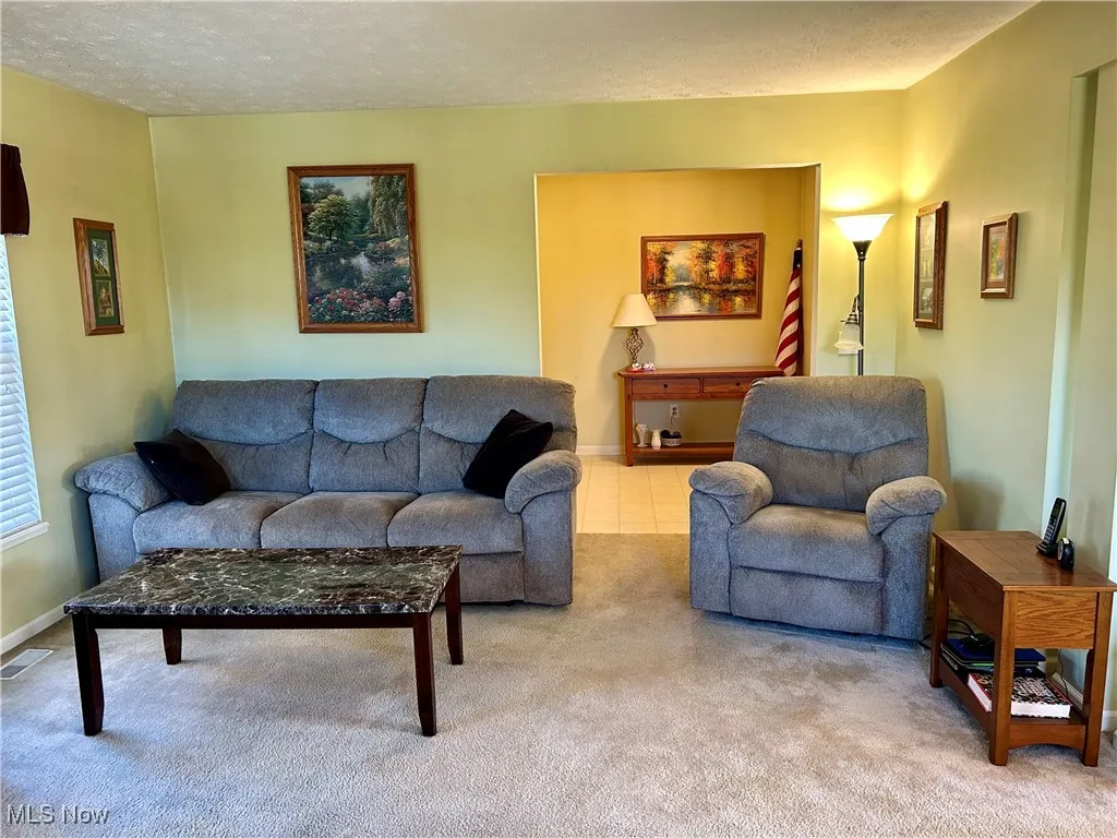 Carpeted living room featuring a textured ceiling