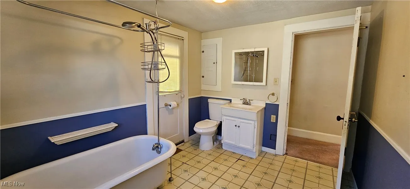 Bathroom featuring a freestanding clawfoot tub/shower, vanity, and toilet
