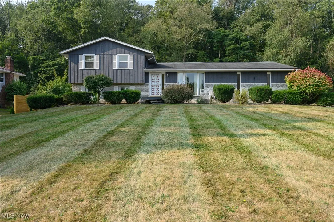 Tri-level home featuring brick siding and a front yard