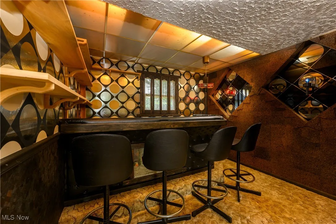 Wine cellar featuring a dry bar and a paneled ceiling