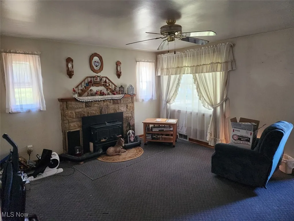 Carpeted living room featuring a ceiling fan