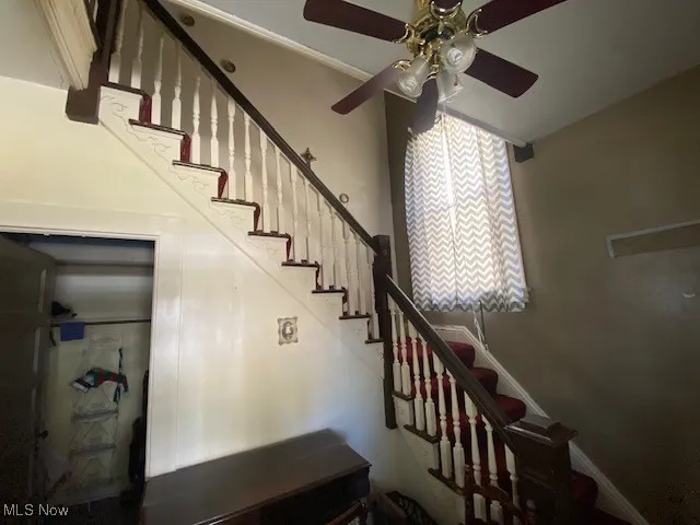 Staircase featuring ceiling fan