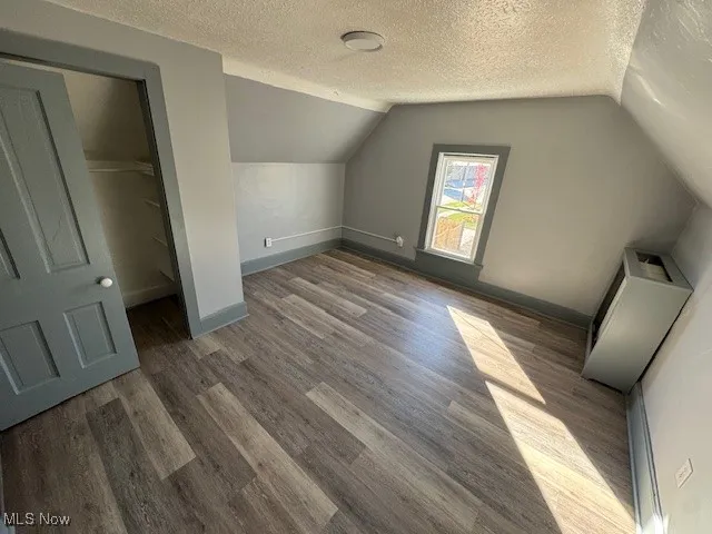 Additional living space with a textured ceiling, dark wood-style floors, and lofted ceiling