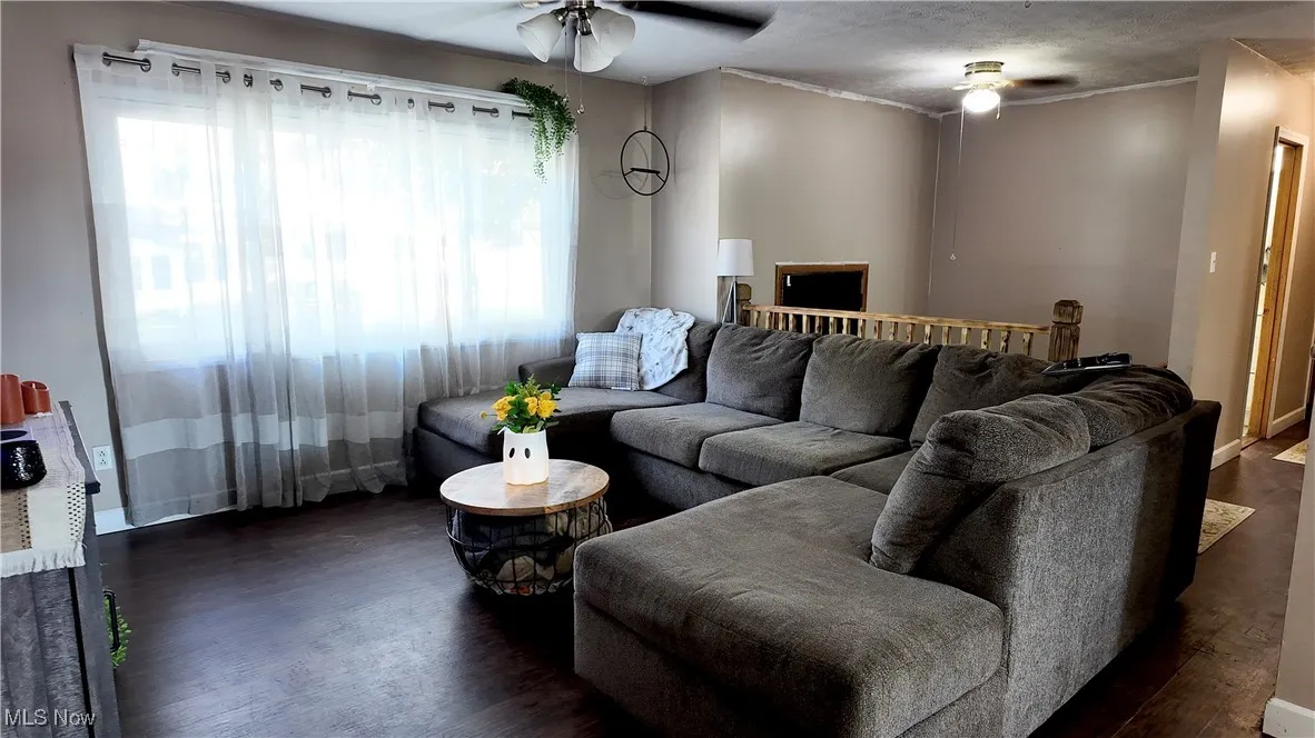 Living room featuring a ceiling fan and dark wood-style flooring