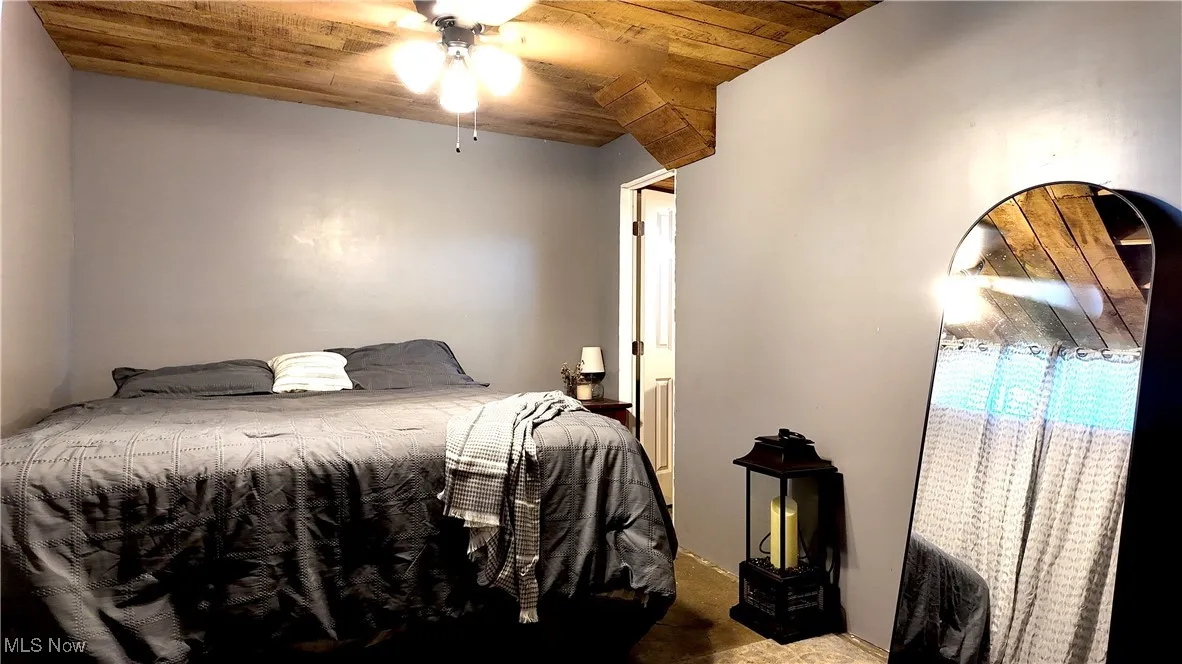 Bedroom featuring wood ceiling and ceiling fan