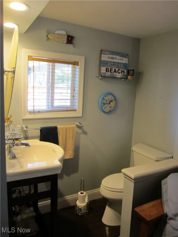 Bathroom featuring vanity, wood finished floors, and recessed lighting