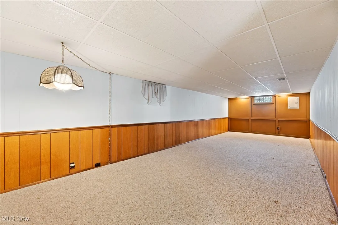 Basement with a paneled ceiling, carpet flooring, wooden walls, and a wainscoted wall