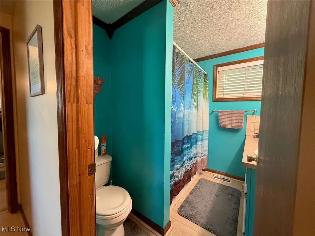 Full bathroom with a textured ceiling, ornamental molding, and vanity