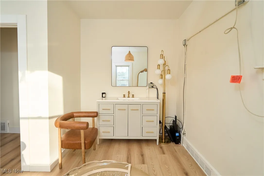 Bathroom featuring vanity and light wood-type flooring