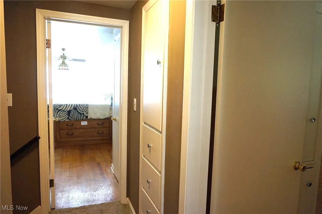Hallway featuring carpet and a linen closet.