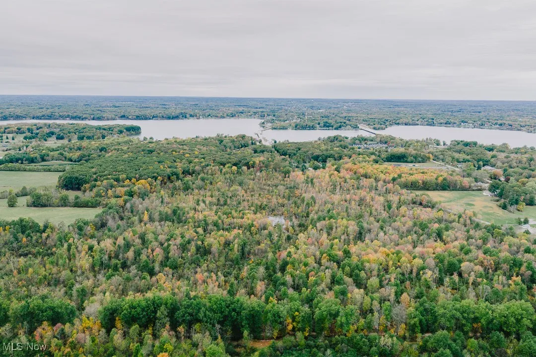 Aerial view of a large body of water and a heavily wooded area