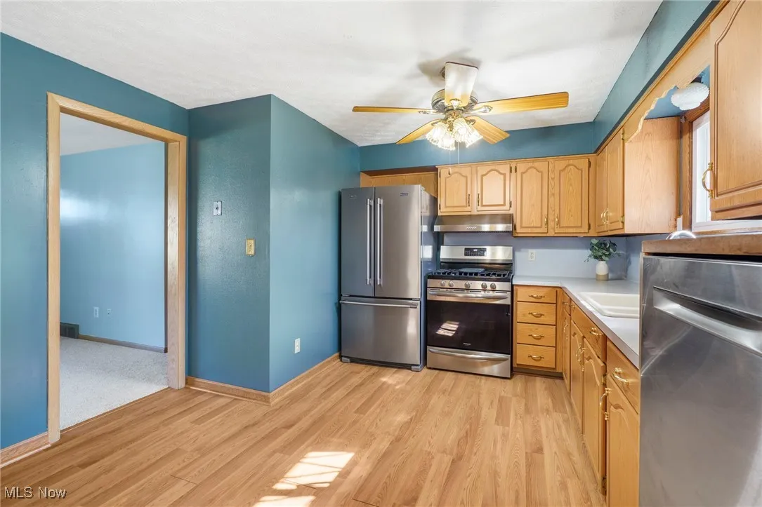 Kitchen featuring appliances with stainless steel finishes, light wood-type flooring, light countertops, and ceiling fan