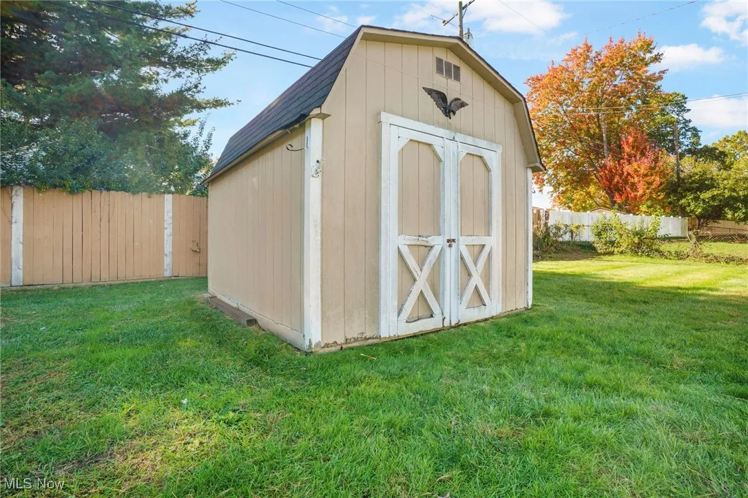 View of shed featuring a fenced backyard