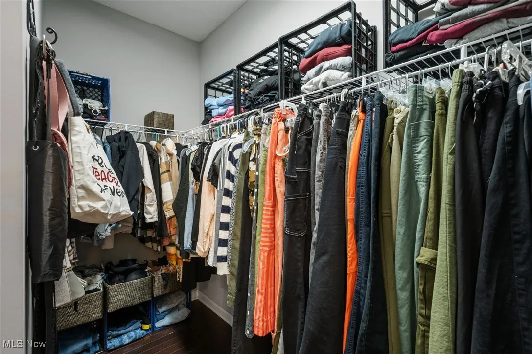 Walk in closet featuring dark wood finished floors