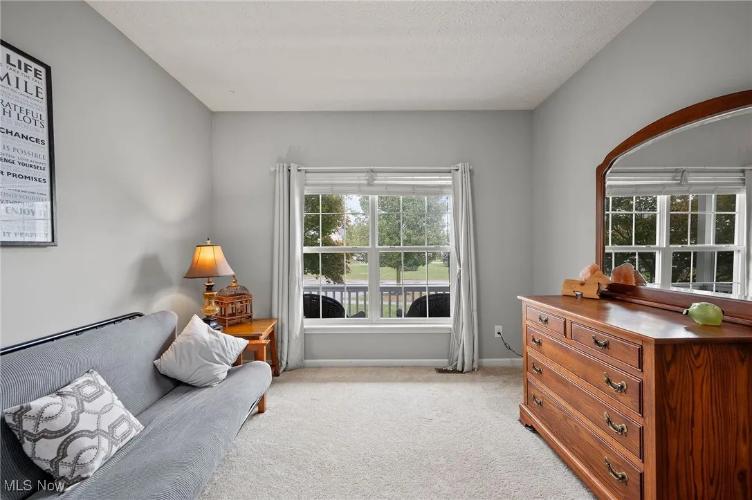 Living area with light colored carpet and a textured ceiling