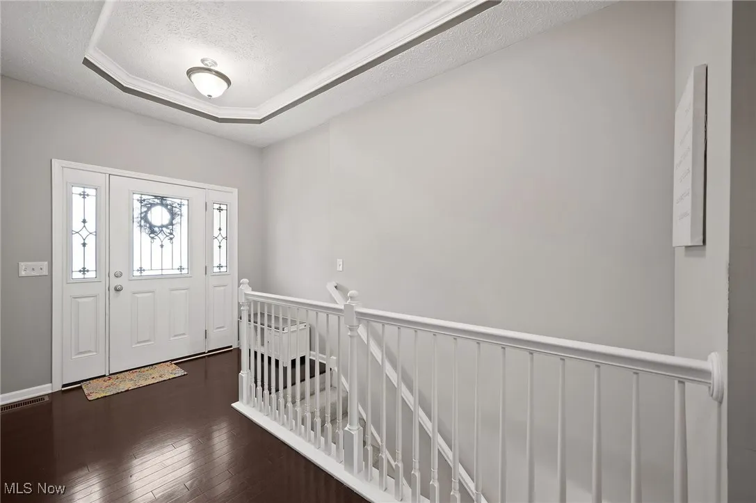 Foyer entrance featuring a textured ceiling, dark wood-style floors, and a raised ceiling