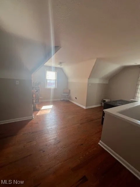 Additional living space with lofted ceiling, dark wood-style floors, and a textured ceiling
