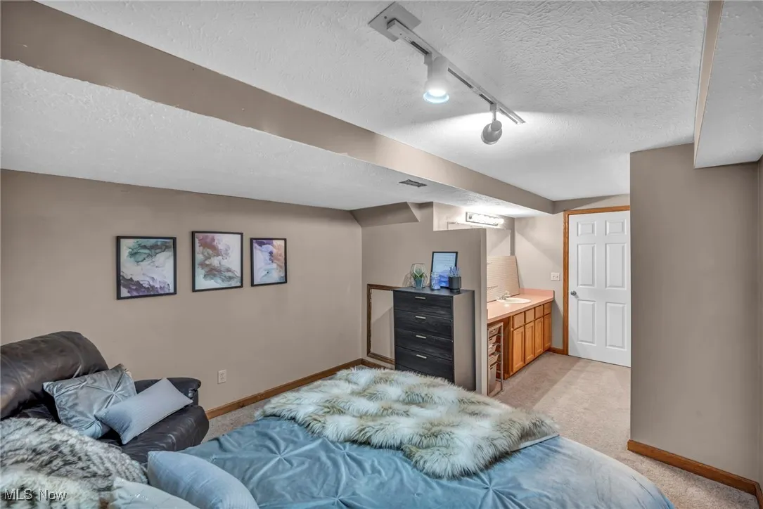 Bedroom featuring a textured ceiling, light colored carpet, rail lighting, and ensuite bath