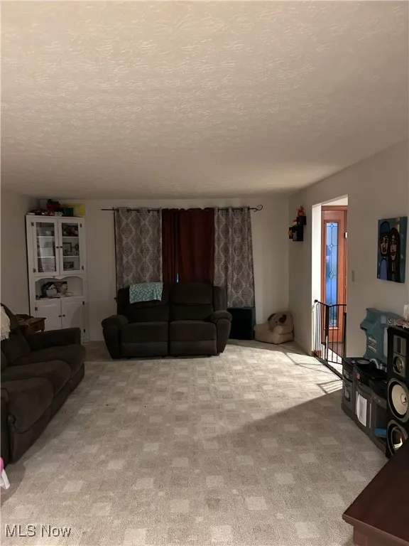 Carpeted living area featuring a textured ceiling