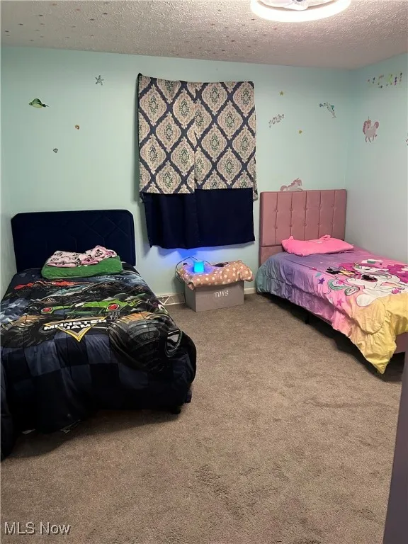 Carpeted bedroom featuring a textured ceiling