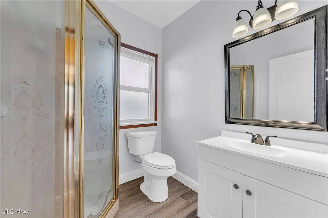 Full bath featuring vanity, light wood-style floors, and a shower stall