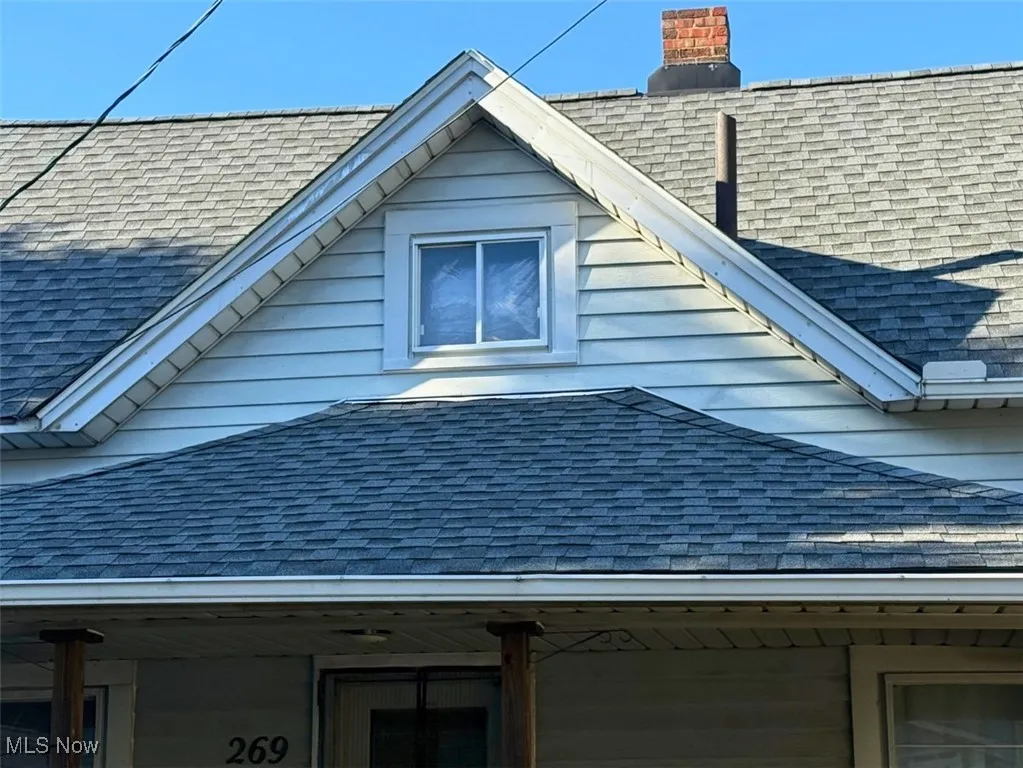 BH-ROOFLINE Exterior view of roof with shingles and a chimney