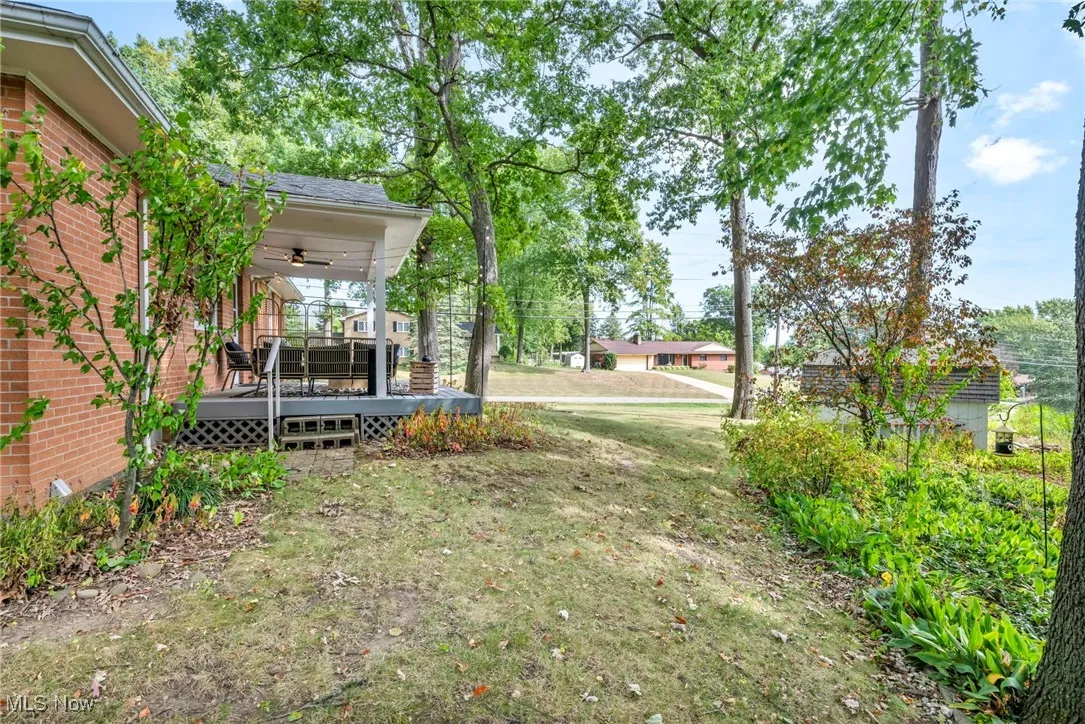View of green lawn featuring a wooden deck and ceiling fan